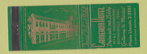 Matchbook Cover - Cameron Hotel Brownsville TX
