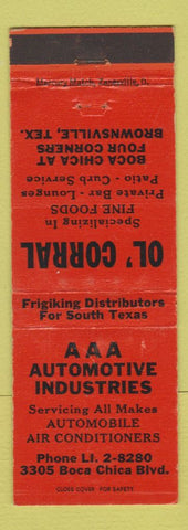 Matchbook Cover - AA Automotive Industries Brownsville TX Ol Corral Restaurant