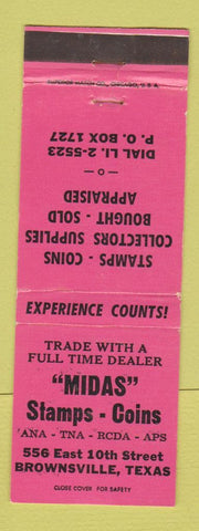 Matchbook Cover - Midas Stamps Coins Brownsville TX