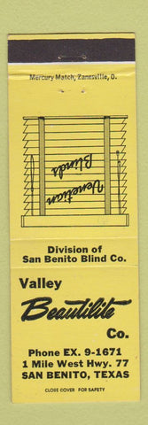 Matchbook Cover - Valley Beautilite Blinds San Benito TX YELLOW