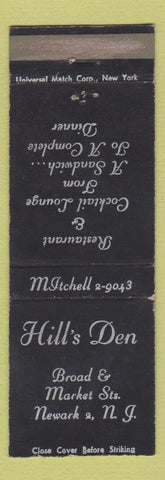 Matchbook Cover - Hill's Den Newark NJ