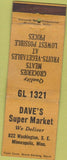 Matchbook Cover - Dave's Super Market Minneapolis MN WORN