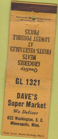 Matchbook Cover - Dave's Super Market Minneapolis MN WORN