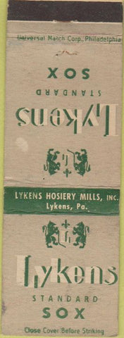 Matchbook Cover - Lykens Socks Lykens PA Hosiery WEAR