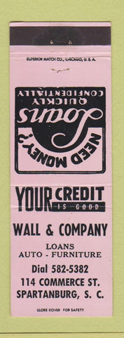 Matchbook Cover - Wall & Company Auto Furniture Loans Spartanburg SC