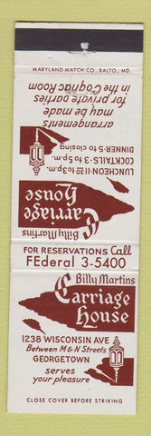 Matchbook Cover - Billy Martin's Carriage House Georgetown Washington DC