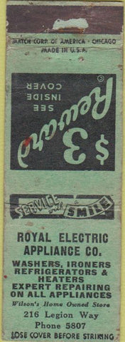 Matchbook Cover - Royal Electric Appliance NO TOWN WORN