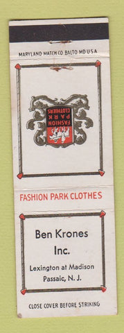 Matchbook Cover - Fashion Park Men's Clothes Ben Krnoes Passaic NJ