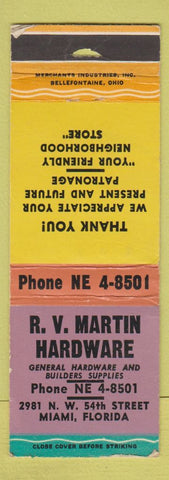 Matchbook Cover - RV Martin Hardware Miami FL WORN