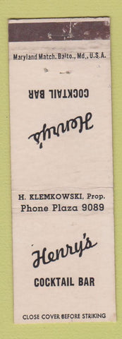 Matchbook Cover - Henry's Cocktail Bar Baltimore MD WEAR