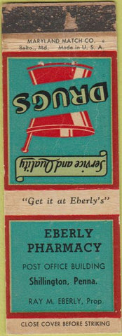 Matchbook Cover - Eberly Drugs Shilligton PA WORN