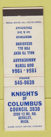 Matchbook Cover - Knights of Columbus Berkley MI 1964