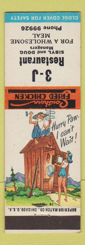 Matchbook Cover - 3J Restaurant Southern Fried Chicken Hillbilly