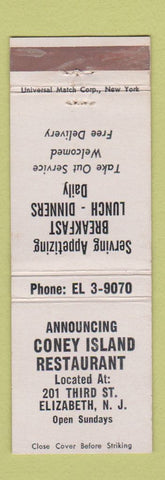 Matchbook Cover - Coney Island Restaurant Elizabeth NJ