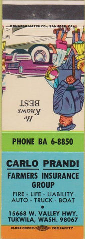 Matchbook Cover - Carlo Prandi Farmers Insurance Tukwila WA