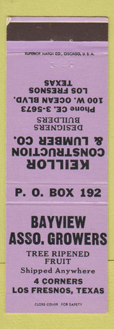 Matchbook Cover - Bayview Fruit Growers Los Fresnos TX Keillor Lumber PURPLE