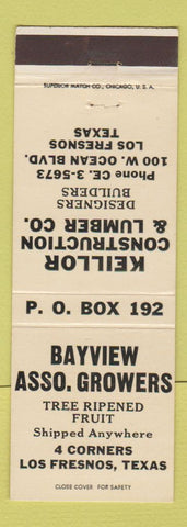 Matchbook Cover - Bayview Fruit Growers Los Fresnos TX Keillor Lumber WHITE
