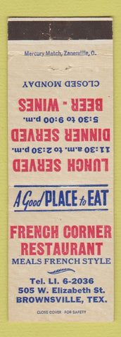 Matchbook Cover - French Corner Restaurant Brownsville TX