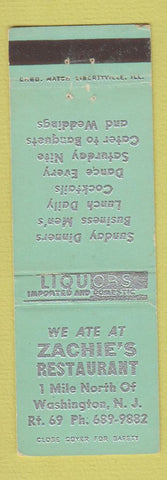 Matchbook Cover - Zachie's Restaurant Washington NJ