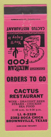 Matchbook Cover - Cactus Restaurant Brownsville TX Mexican PINK