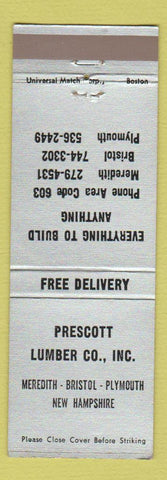Matchbook Cover - Prescott Lumber Meredith Bristol Plymouth NH