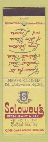Matchbook Cover - Solowey's Restaurant Bar New York City