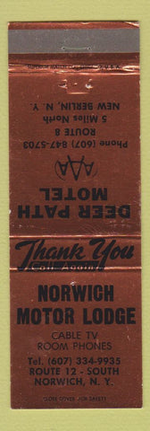 Matchbook Cover Norwich Motor Lodge Norwich NY Deer Path Motel New Berlin BRONZE