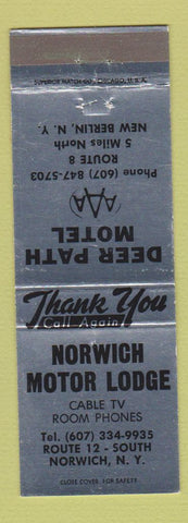 Matchbook Cover Norwich Motor Lodge Norwich NY Deer Path Motel New Berlin SILVER