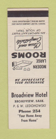 Matchbook Cover - Broadview Hotel Broadview SK WORN BACK