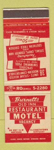 Matchbook Cover - Burnetts Old Inn Rstaurant Motel Elizabethtown KY