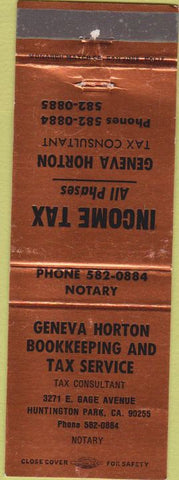 Matchbook Cover - Horton Tax Service Huntington Park CA