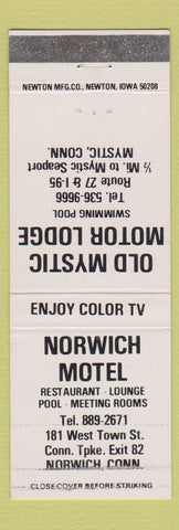 Matchbook Cover - Old Mystic Motor Lodge Mystic CT Norwich CT Motel WHITE