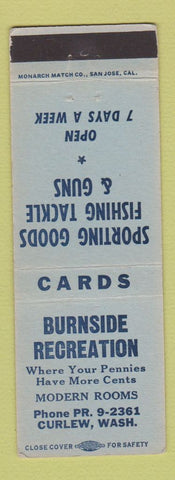 Matchbook Cover - Burnside Recreation Cars Sporting Goods Curlew WA
