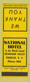Matchbook Cover - National Hotel Vernon BC