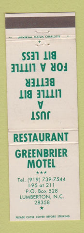 Matchbook Cover - Greenbrier Motel Lumberton NC