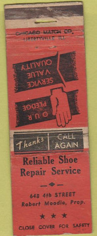 Matchbook Cover - Reliable Shoe Repair Robert Moodie WEAR red