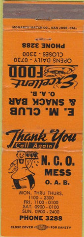 Matchbook Cover - Oakland Army Base? NCO Snack Bar orange WEAR