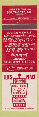 Matchbook Cover - Ted's Place Restaurant Greek Southgate MI