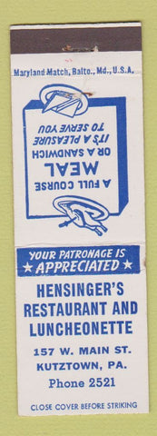Matchbook Cover - Hensinger's Restaurant Luncheonette Kutztown PA