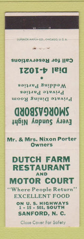 Matchbook Cover - Dutch Farm Restaurant Motor Court Sanford NC