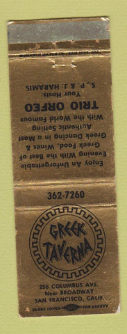 Matchbook Cover - Greek Taverna San Francisco CA Trio Orfeo WEAR