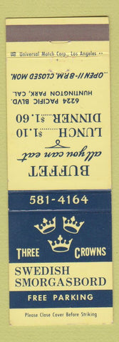 Matchbook Cover - Three Crowns Swedish Smorgasbord Huntington Park CA