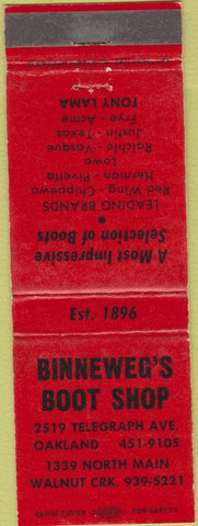 Matchbook Cover - Binneweg's Boots Oakland CA Tony Lama Justin
