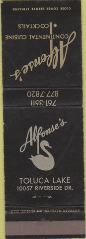 Matchbook Cover - Alfonse's Restaurant Toluca Lake CA
