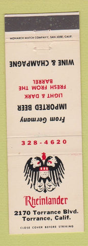 Matchbook Cover - Rheinlander Restaurant Torrance CA
