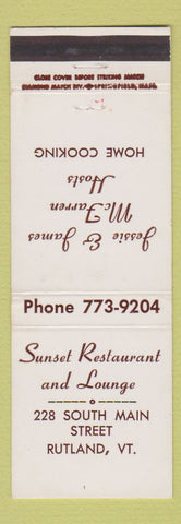 Matchbook Cover - Sunset Restaurant and Lounge Rutland VT
