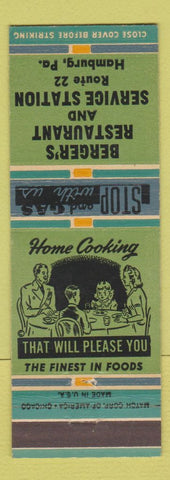 Matchbook Cover - Berger's Restaurant oil gas Hamburg PA