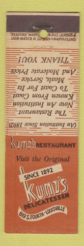 Matchbook Cover - Kunz's Delicatessen Restaurant Louisville KY feature