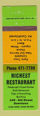 Matchbook Cover - Richest Restaurant Pittsburgh PA Kosher
