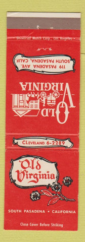Matchbook Cover - Old Virginia Restaurant South Pasadena CA